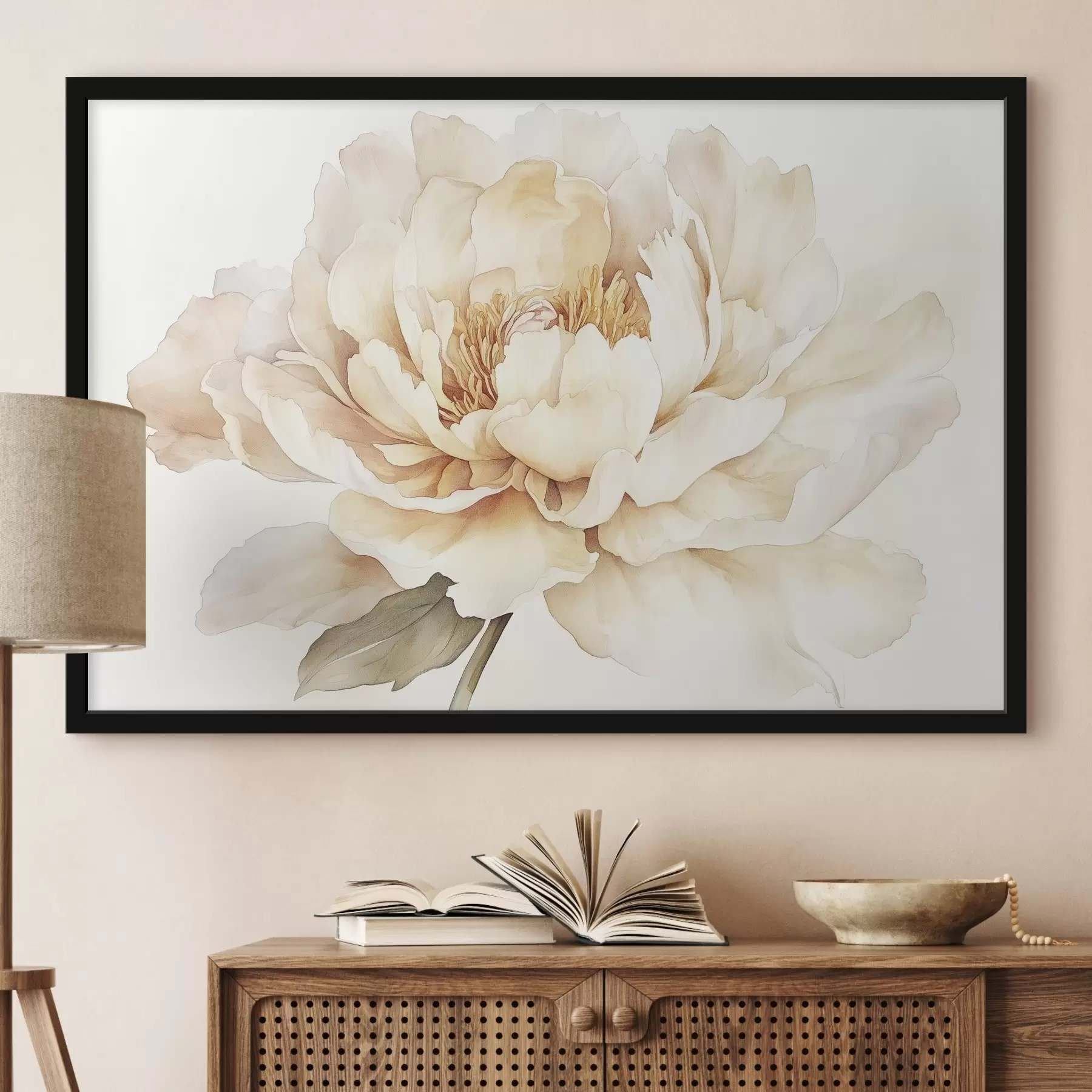 Fototapetes Skaists peonijas zieds, maigas krēmkrāsas krāsas, akvareļu stilā f42201