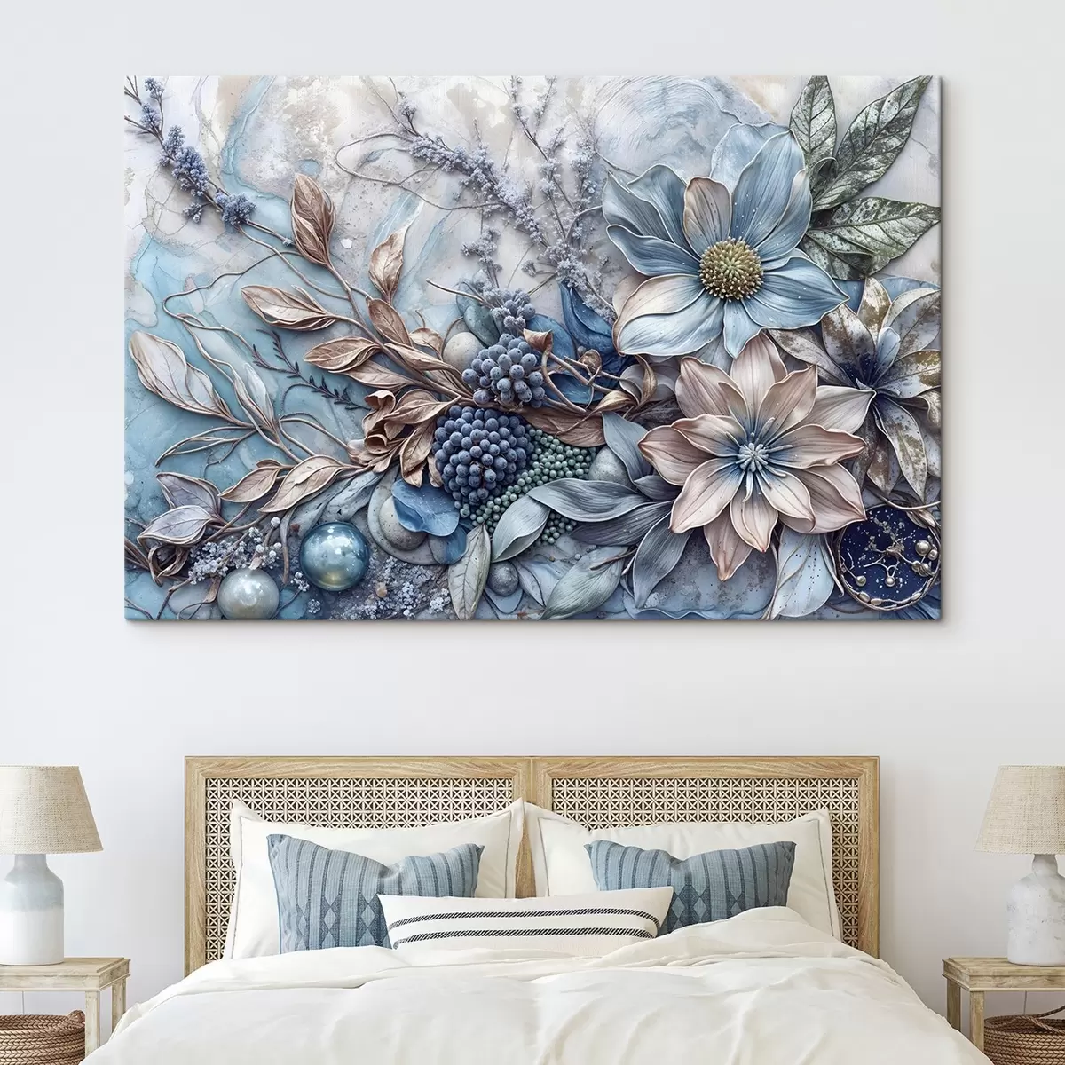 Glezna Detalizēts teksturēts abstrakts sulīgs ziedu komplekts ar lieliem, spilgtiem ziliem un rozā ziediem, ogām un citiem botāniskajiem elementiem  s42210