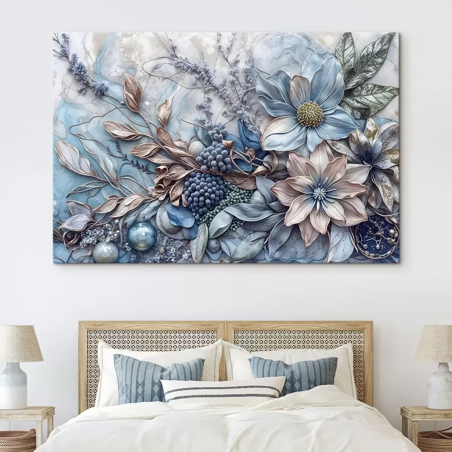 Glezna Detalizēts teksturēts abstrakts sulīgs ziedu komplekts ar lieliem, spilgtiem ziliem un rozā ziediem, ogām un citiem botāniskajiem elementiem  s42210