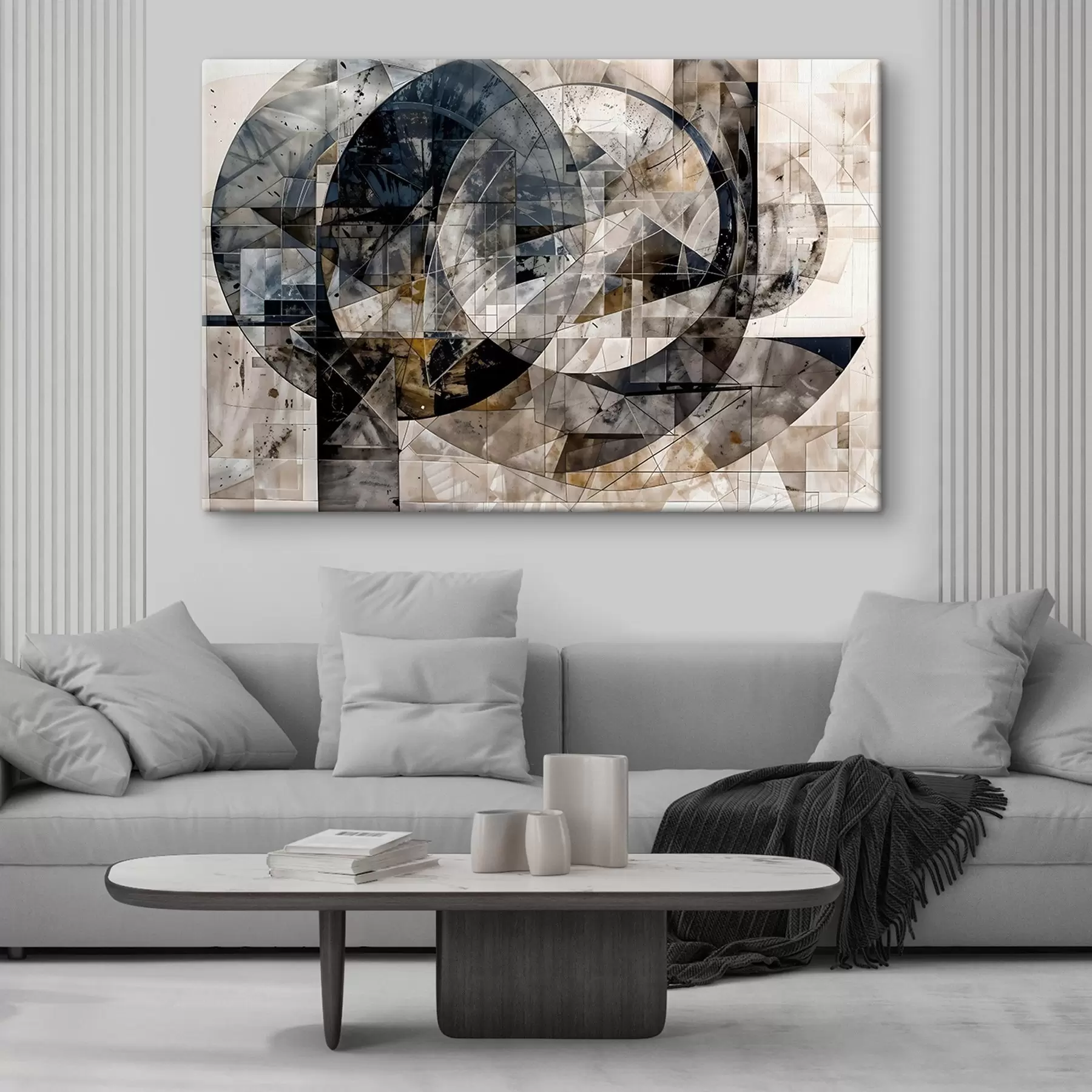 Glezna Abstrakta moderna ģeometriska kompozīcija ar pārklājošām formām un apdruku pelēkos, melnos un bēšos toņos s42212