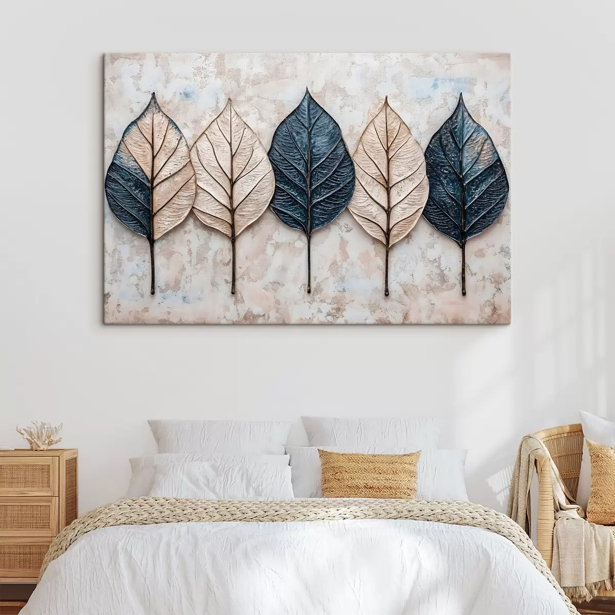 Glezna Dažādas rudens abstraktās lapas dažādos brūnā, bēšā un zilā krāsā, kas sakārtotas rindā uz gaiša fona s42217