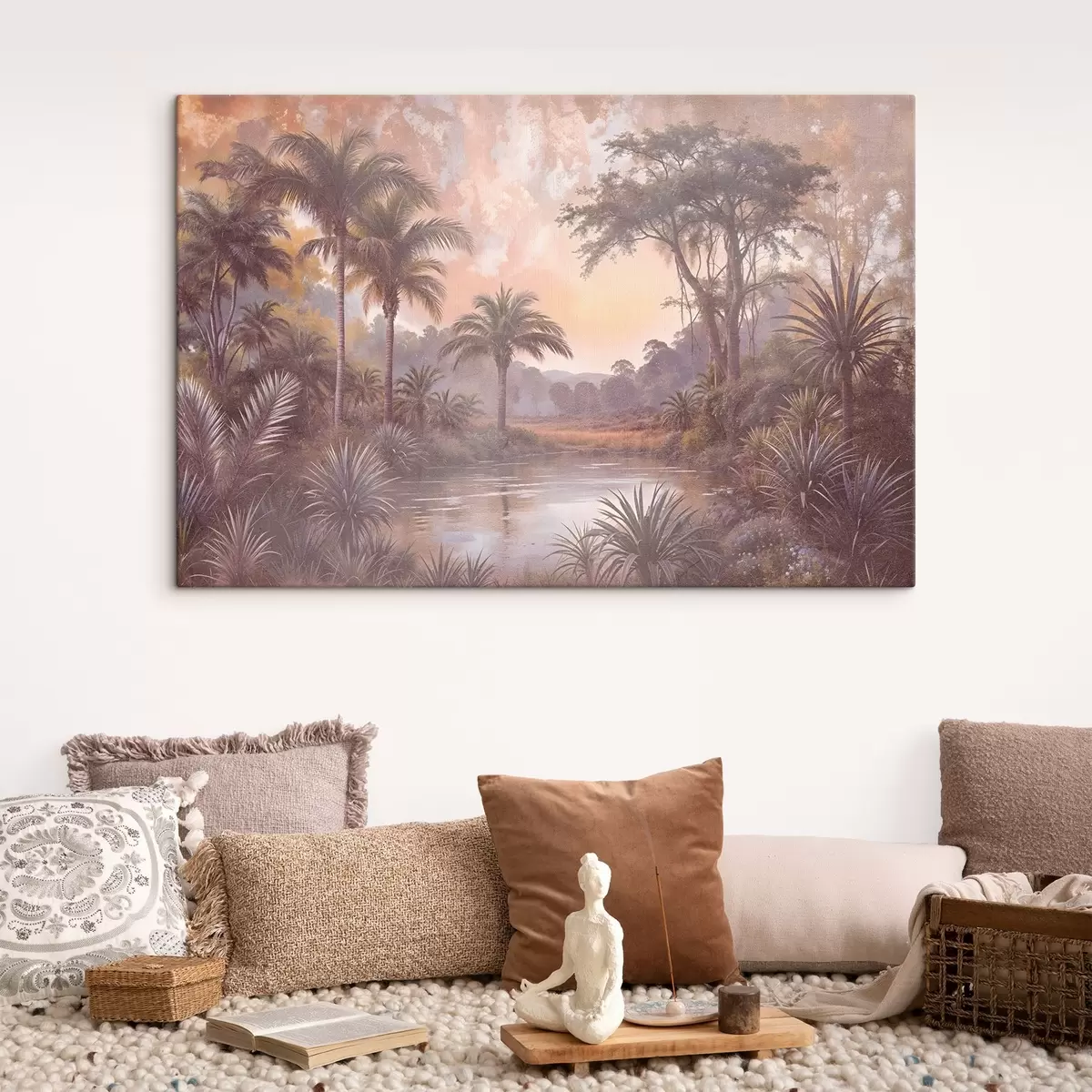 Glezna Tropu tekstūras ainava ar mierīgu ezeru, ko ieskauj sulīgas palmas un citi zaļumi s42219