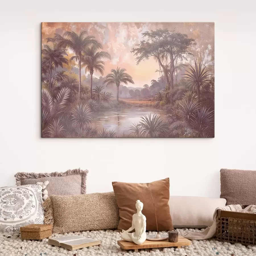 Glezna Tropu tekstūras ainava ar mierīgu ezeru, ko ieskauj sulīgas palmas un citi zaļumi s42219
