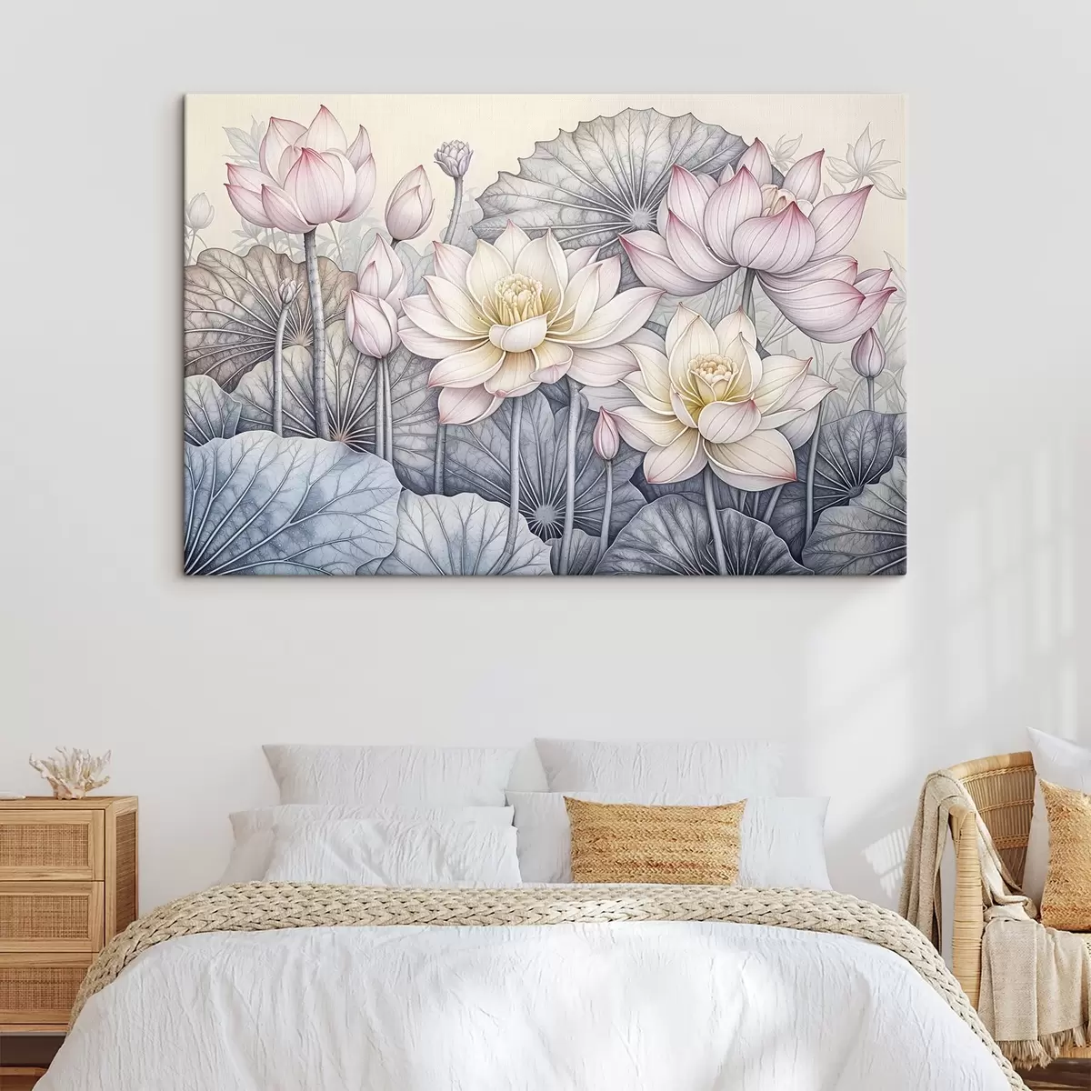 Glezna Lieli rozā un balti lotosa ziedi ar zaļām lapām un kātiņiem uz gaiša fona ar detalizētiem ziedlapiņām un centriem s42221