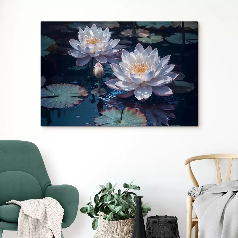 Glezna Balti lotosa ziedi peld uz klusa dīķa ar liliju spilventiņiem s42225