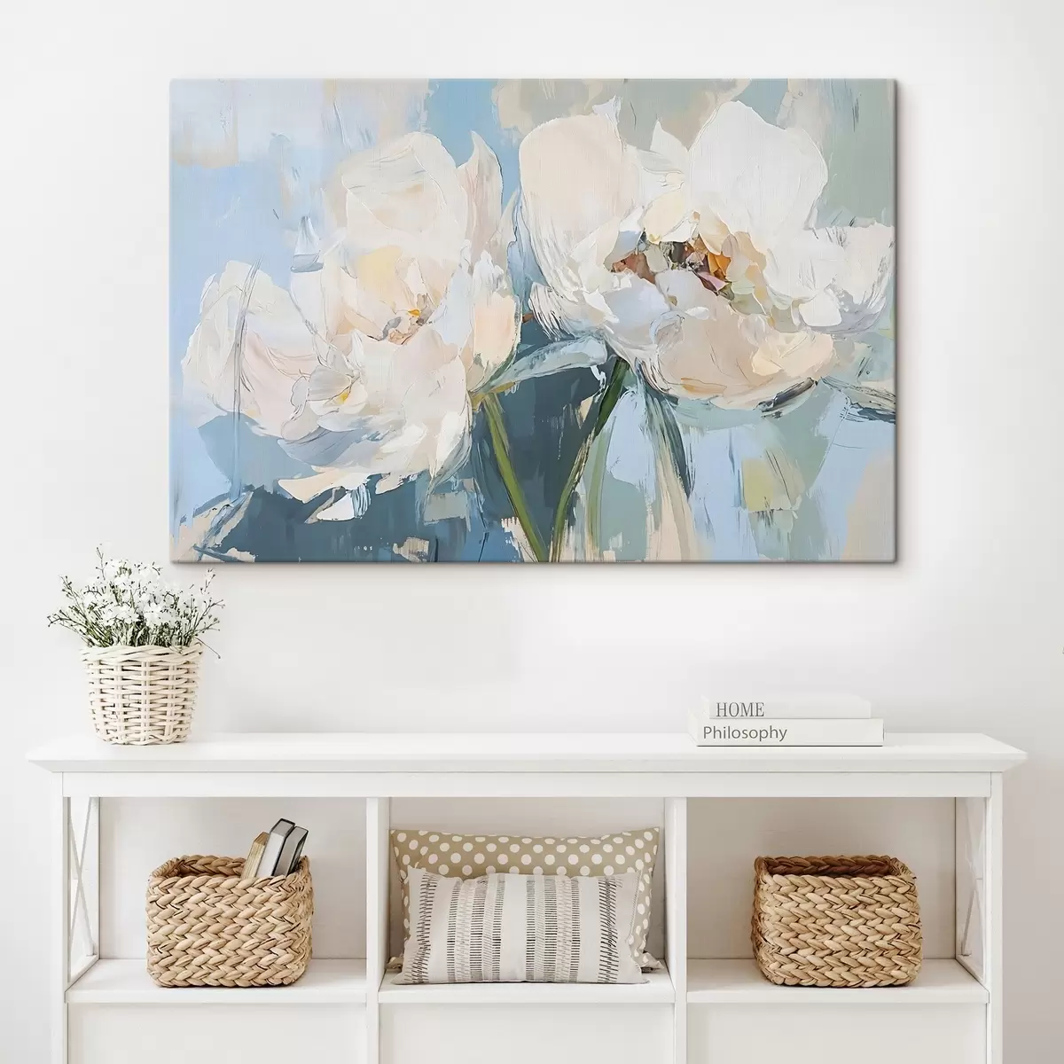 Glezna Balta minimālistiska abstrakta peoniju eļļas glezniecības imitācija uz mīksta zila fona s42226