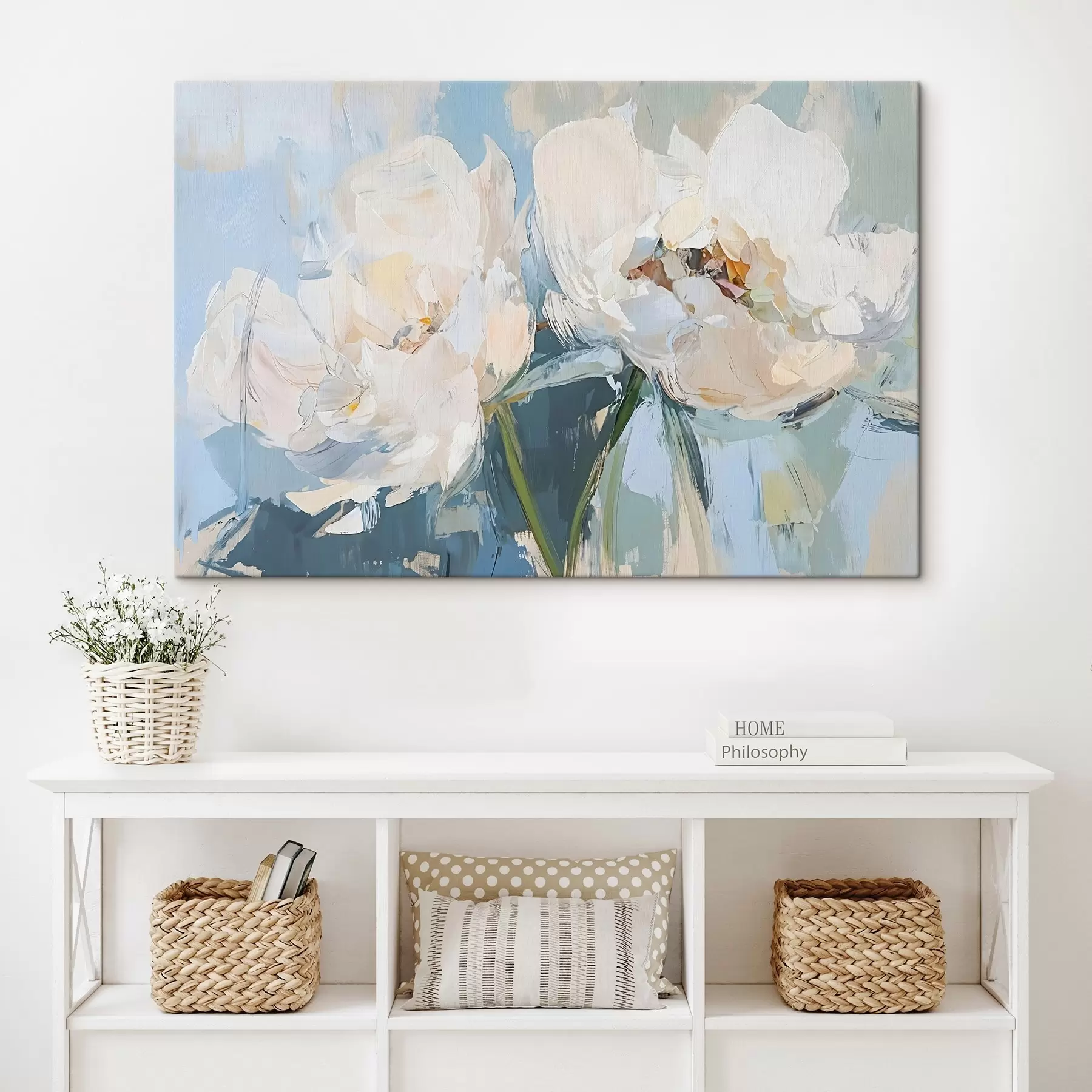 Glezna Balta minimālistiska abstrakta peoniju eļļas glezniecības imitācija uz mīksta zila fona s42226