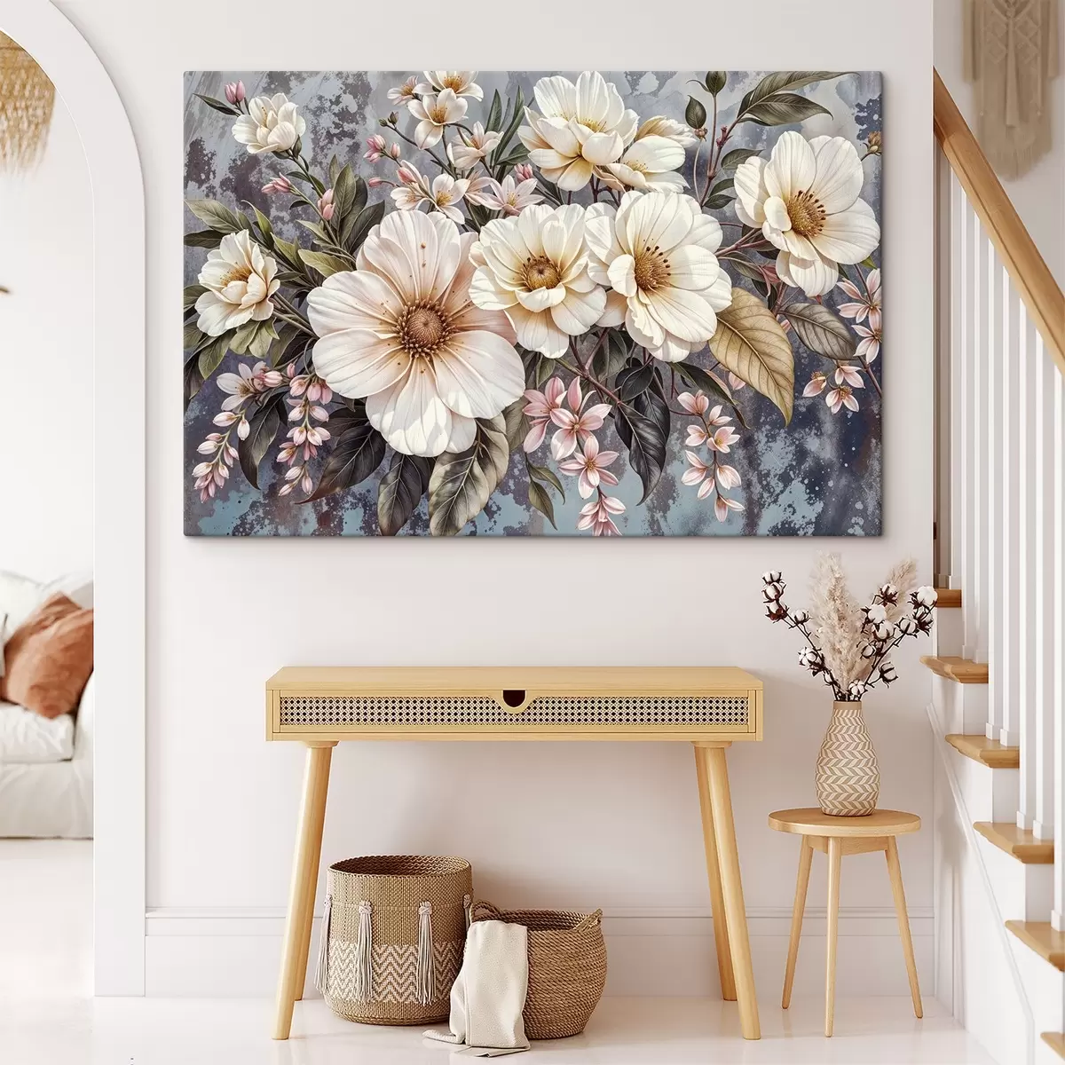 Glezna Spilgts lielu, detalizētu baltu un rozā dāliju ziedu pušķis ar zaļām lapām uz tumša fona s42227