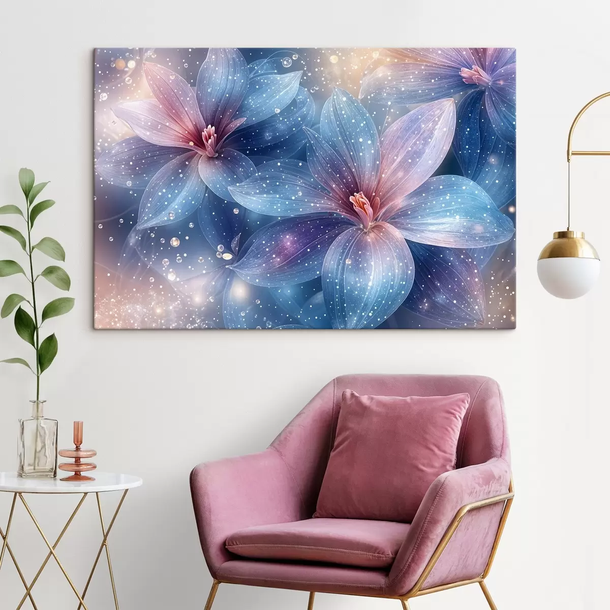 Glezna Spilgtas un ēteriskas puķes ar maigiem pasteļkrāsas ziedlapiņām uz sapņaina, zvaigžņota fona s42231