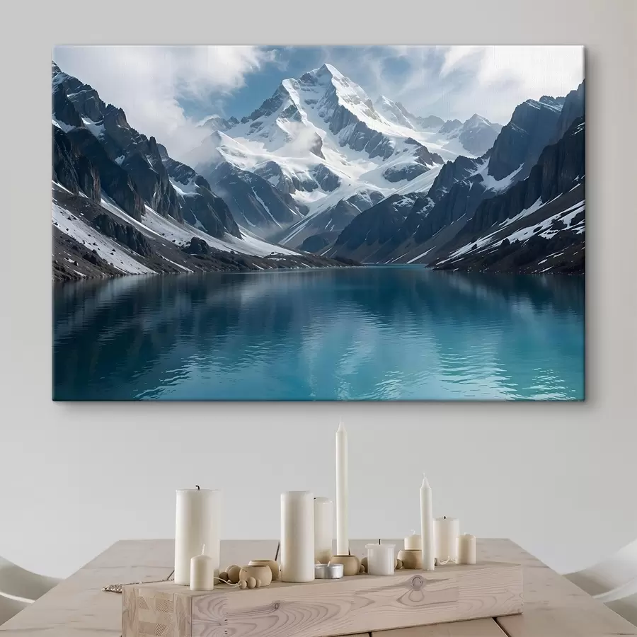 Glezna Sniegota kalna virsotne, kas atspoguļojas mierīgā tirkīza ezerā, ko ieskauj klinšains apvidus un dramatiski mākoņi s42232