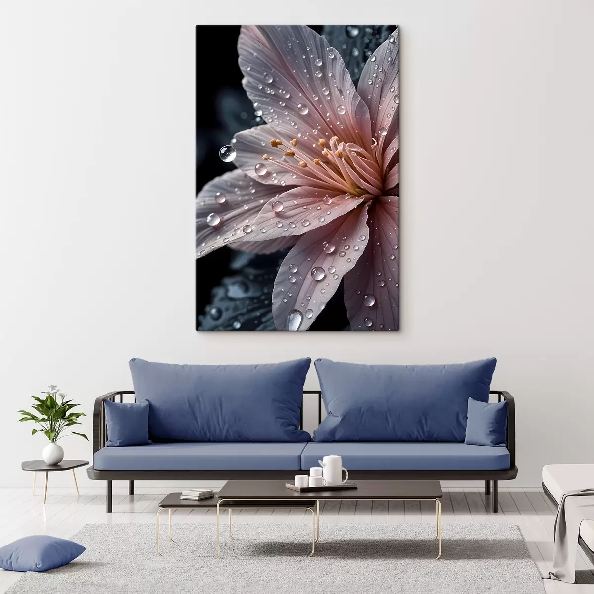 Glezna Sārtā zieda tuvplāns ar smalkiem ziedlapiņām, ko klāj ūdens pilieni, uz tumša fona  s42237