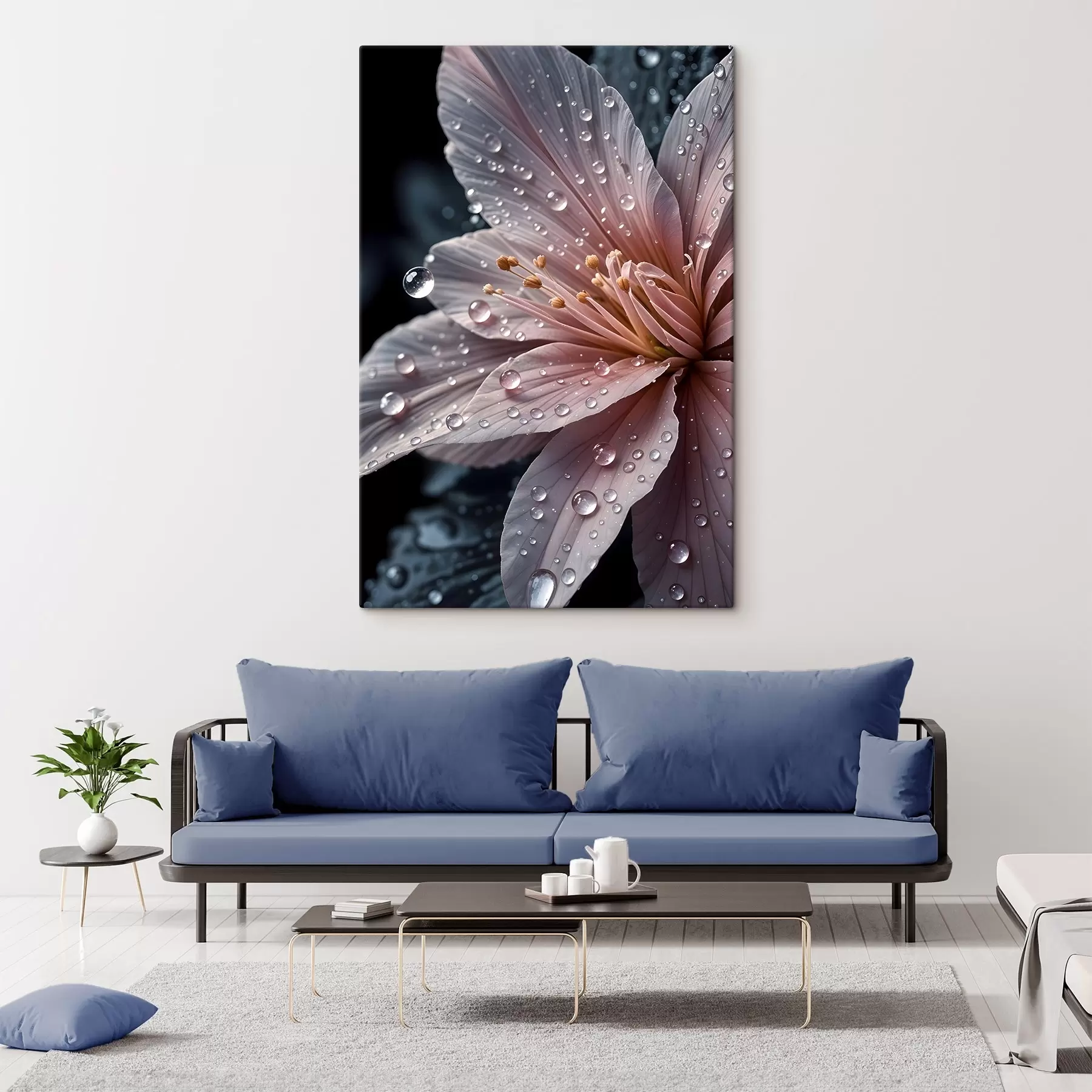 Fototapetes Sārtā zieda tuvplāns ar smalkiem ziedlapiņām, ko klāj ūdens pilieni, uz tumša fona  s42237