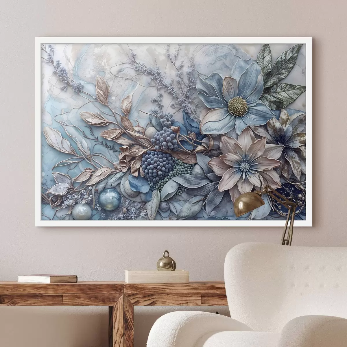 Plakāts Detalizēts teksturēts abstrakts sulīgs ziedu komplekts ar lieliem, spilgtiem ziliem un rozā ziediem, ogām un citiem botāniskajiem elementiem f42210