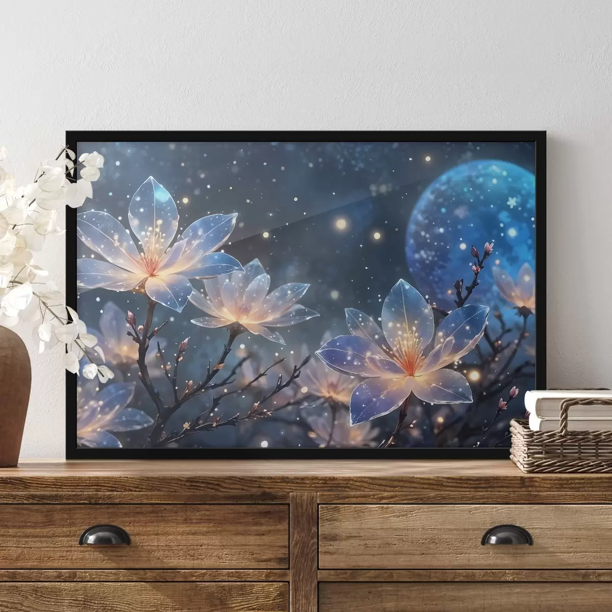 Plakāts Abstraktas fantāzijas ziedi uz zariem ar teksturētām ziedlapiņām ar zvaigznēm un mēnesi nakts debesu fonā f42211