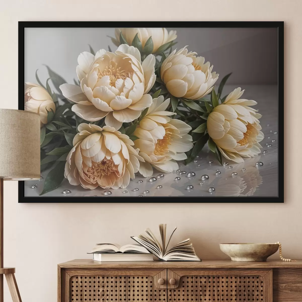 Plakāts Krēmkrāsas detalizēti peoniju ziedi ar tumši zaļām lapām uz pelēka fona f42215