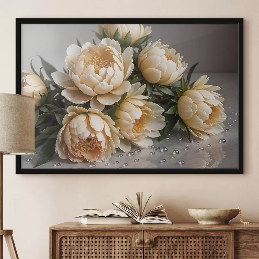 Fototapetes Krēmkrāsas detalizēti peoniju ziedi ar tumši zaļām lapām uz pelēka fona f42215