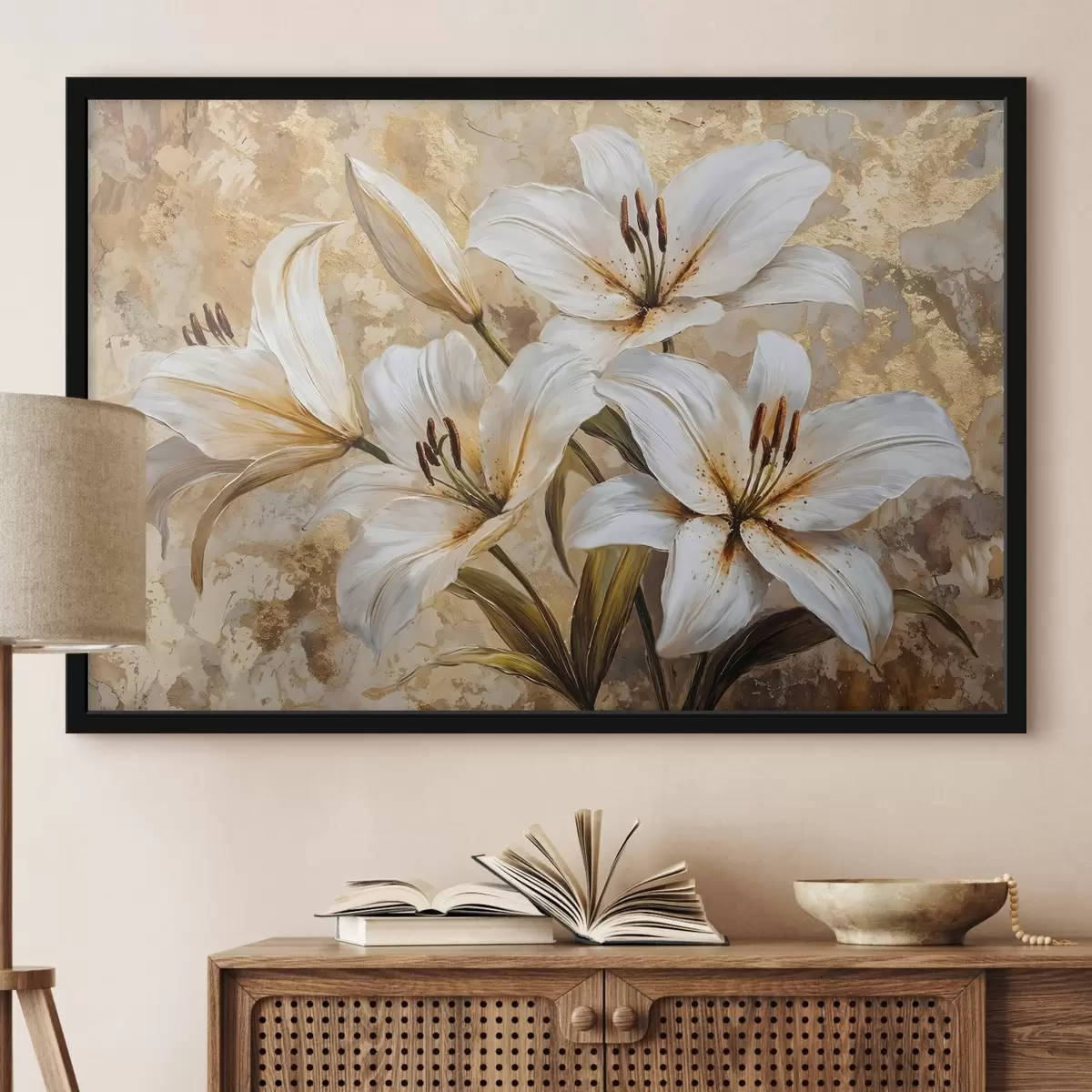 Plakāts Baltas lilijas ar dzelteniem centriem uz bēša fona ar faktūru f42216