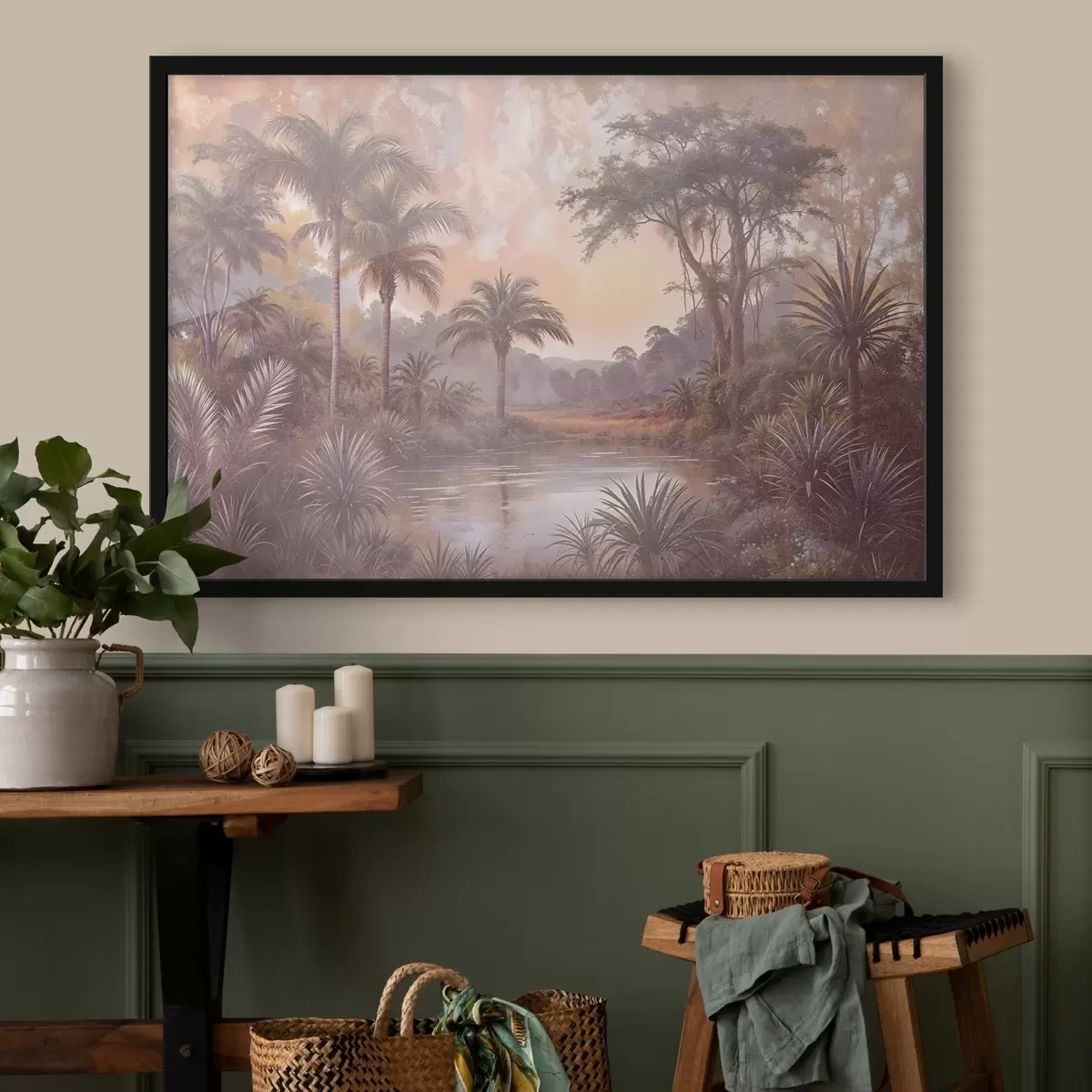 Plakāts Tropu tekstūras ainava ar mierīgu ezeru, ko ieskauj sulīgas palmas un citi zaļumi f42219