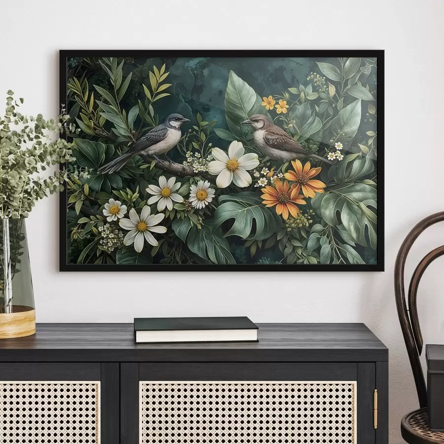 Fototapetes Nelieli putni, kas sēž uz zariem, ko ieskauj sulīga tropu lapotne, tostarp lielas zaļas lapas un krāsaini ziedi f42220