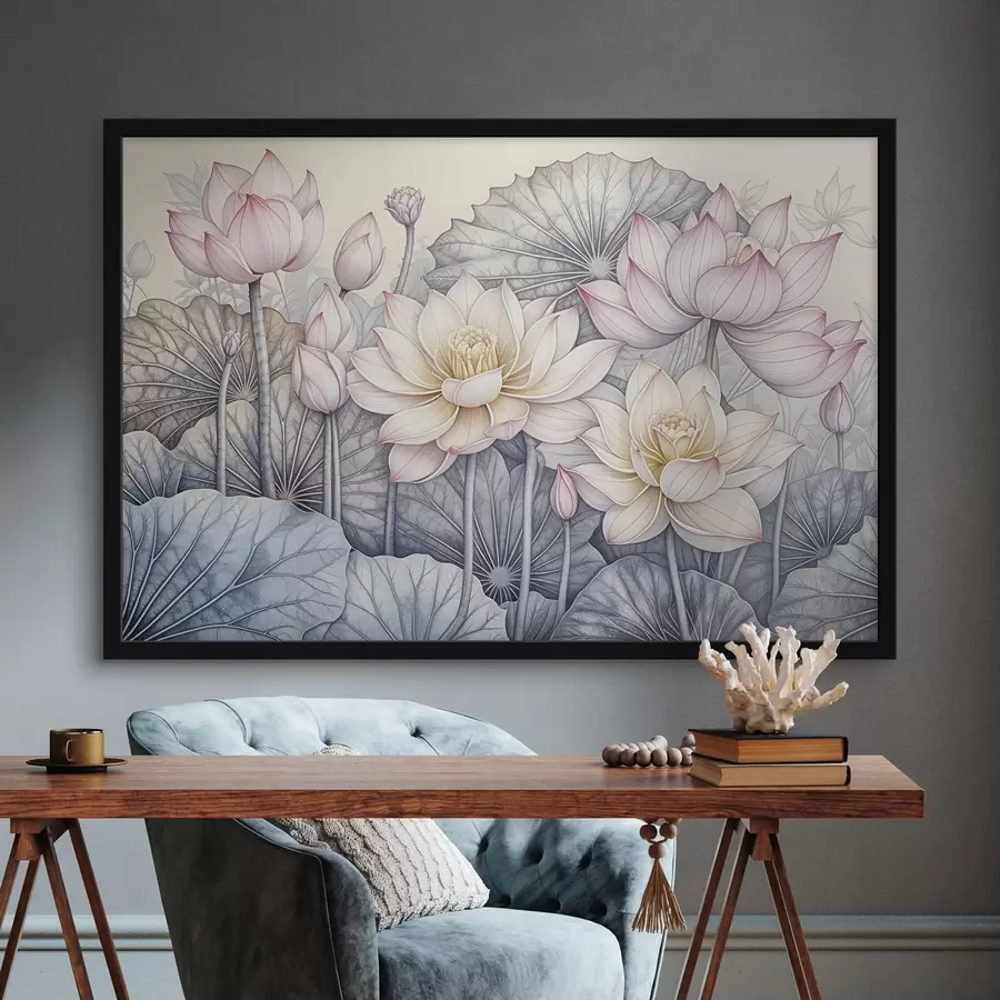 Fototapetes Lieli rozā un balti lotosa ziedi ar zaļām lapām un kātiņiem uz gaiša fona ar detalizētiem ziedlapiņām un centriem f42221