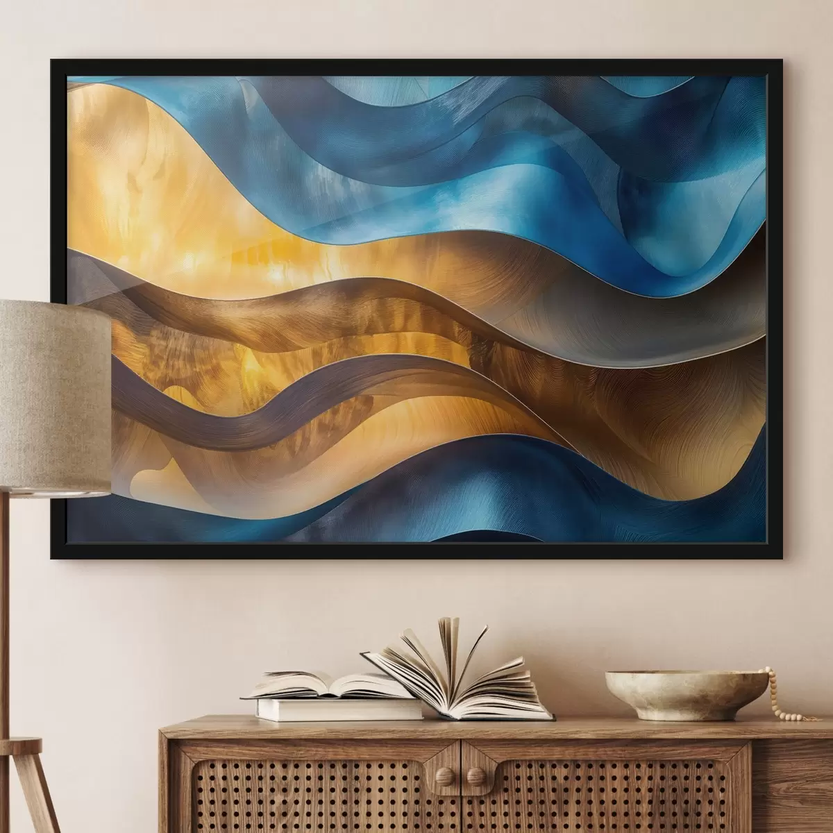 Plakāts Abstraktas modernās mākslas viļņotas formas zilos, oranžos un brūnos toņos f42224