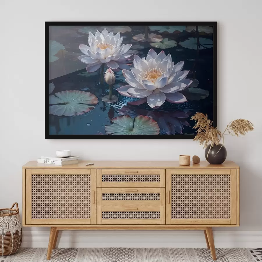 Fototapetes Balti lotosa ziedi peld uz klusa dīķa ar liliju spilventiņiem f42225