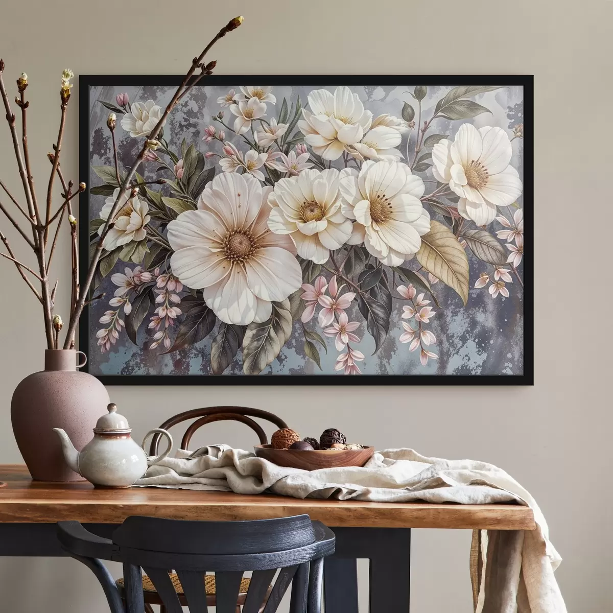 Plakāts Spilgts lielu, detalizētu baltu un rozā dāliju ziedu pušķis ar zaļām lapām uz tumša fona f42227