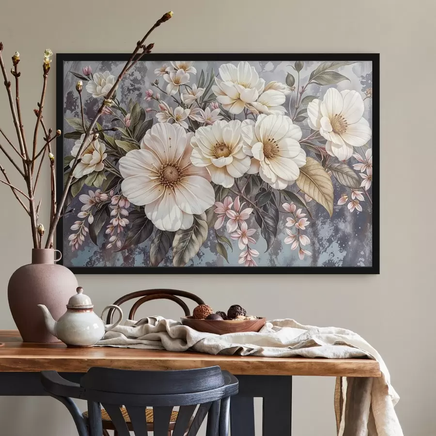 Fototapetes Spilgts lielu, detalizētu baltu un rozā dāliju ziedu pušķis ar zaļām lapām uz tumša fona f42227