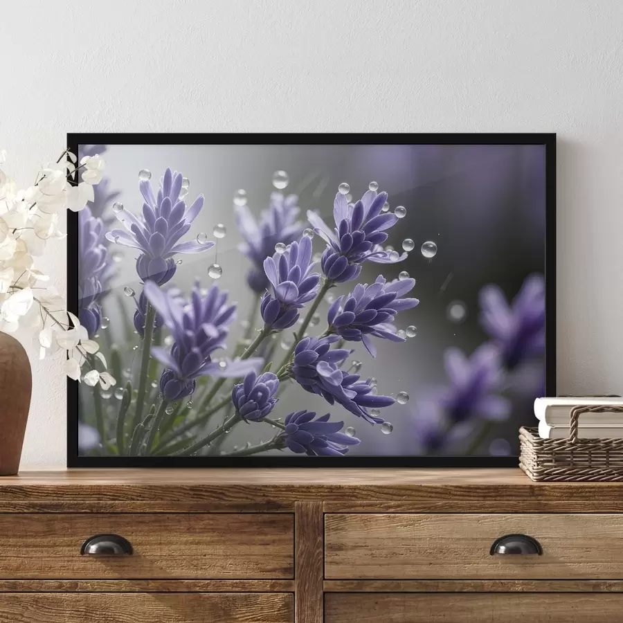 Glezna Violeti lavandas ziedi ar ūdens pilieniem uz ziedlapiņām uz neskaidra fona f42229