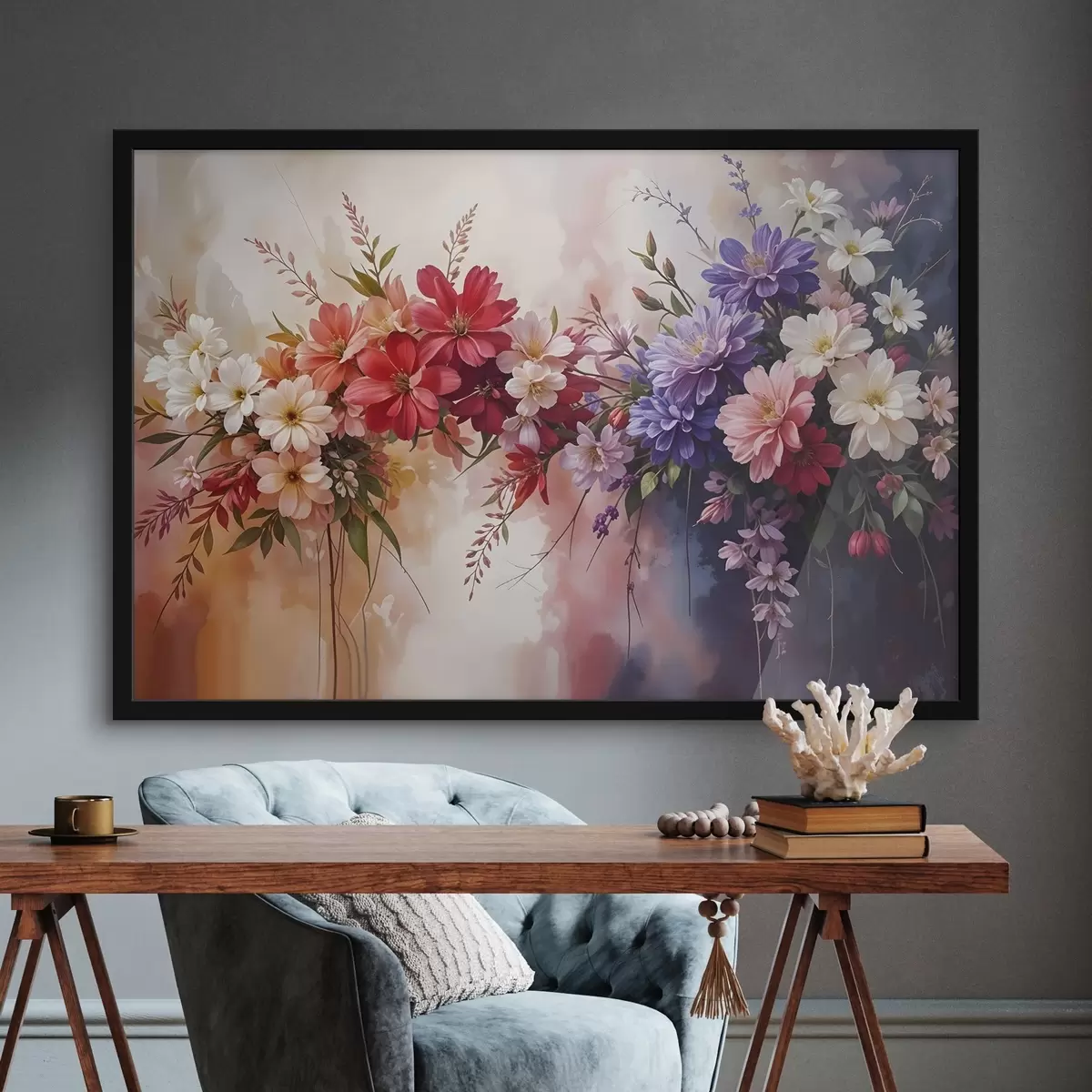 Plakāts Krāsaini ziedi, tostarp sarkanas, rozā un violetas dālijas, margrietiņas un citi ziedi uz mīksta, izplūduša fona f42234