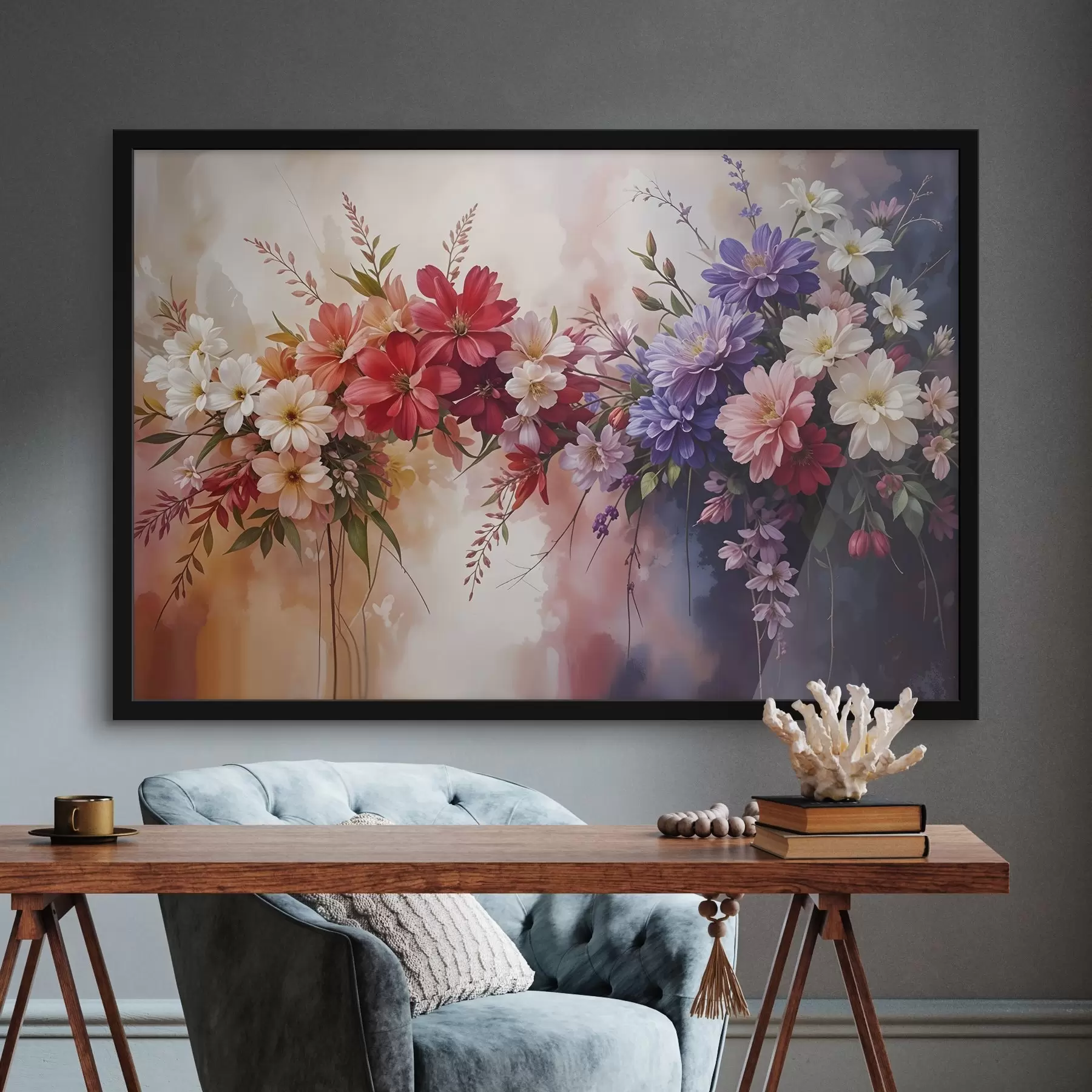 Fototapetes Krāsaini ziedi, tostarp sarkanas, rozā un violetas dālijas, margrietiņas un citi ziedi uz mīksta, izplūduša fona f42234