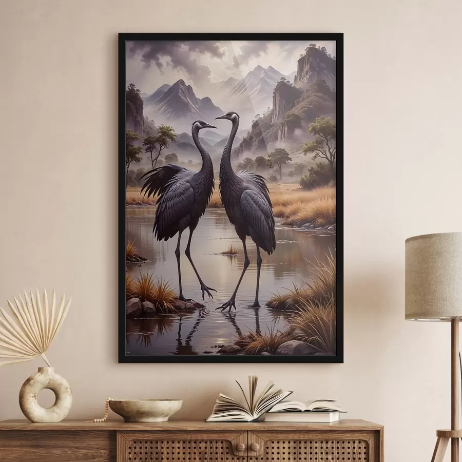 Fototapetes Divas lielas melnas dzērves, kas stāv seklā dīķī, un fonā ir kalnaina ainava f42240