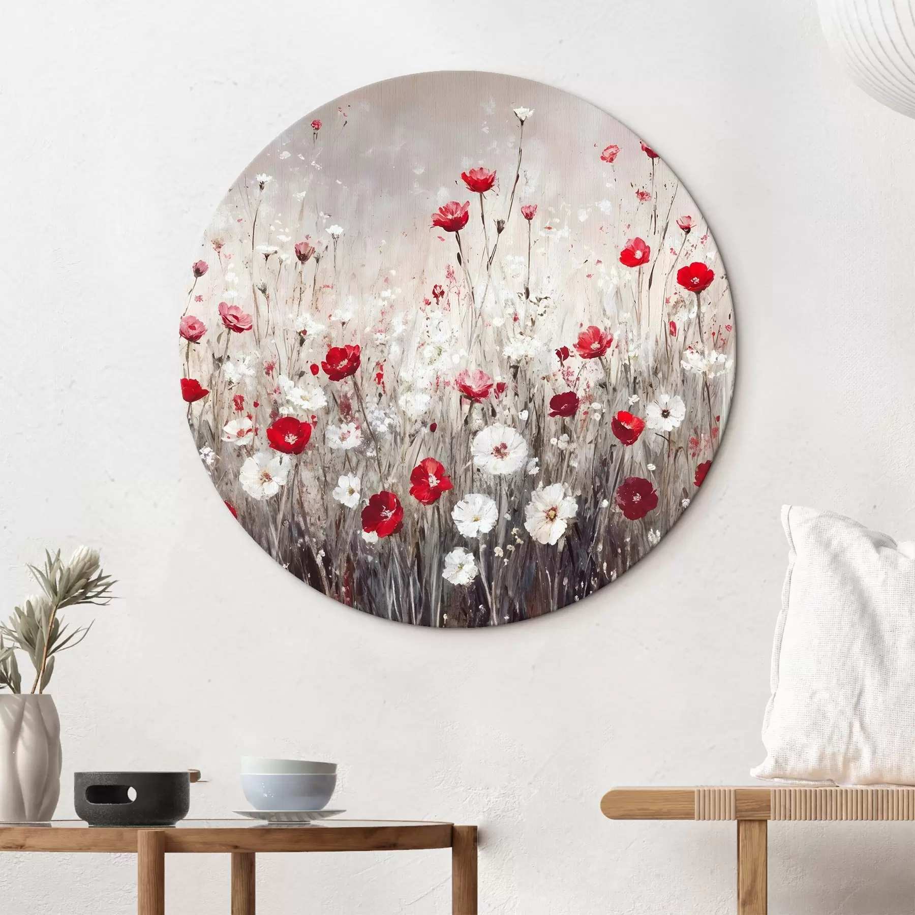 Glezna Abstrakta eļļas glezniecības imitācija - sarkanu un baltu magoņu un margrietiņu ziedu lauks uz pelēka faktūru fona r42213