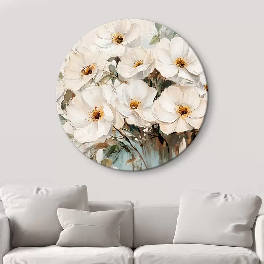 Glezna Lielu baltu ziedu pušķis eļļas gleznošanas stilā ar dzelteniem centriem uz gaiša fona r42222