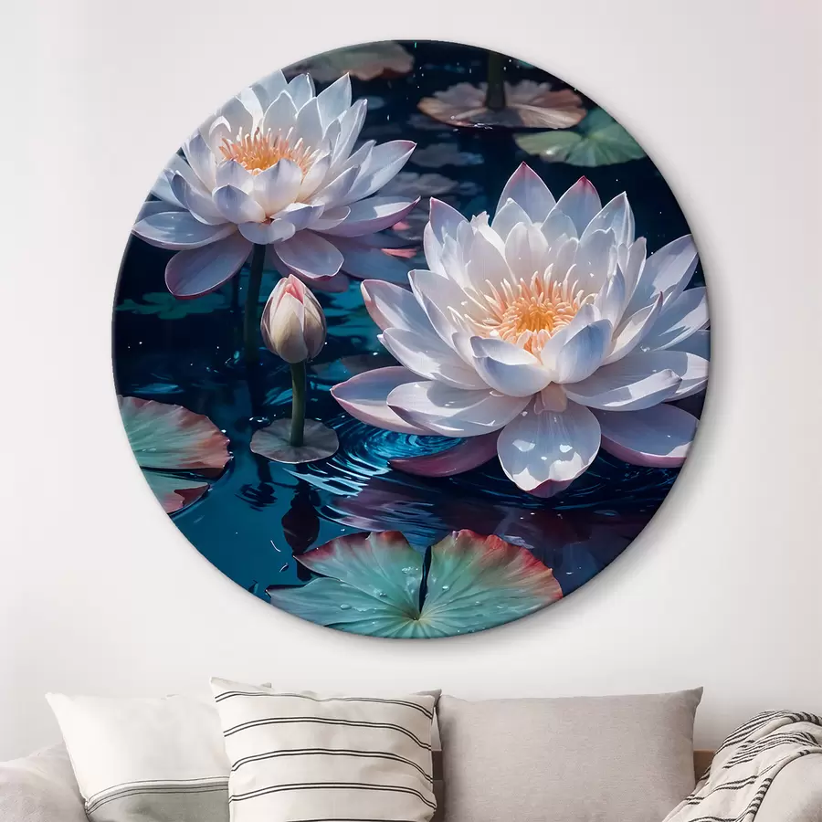 Glezna Balti lotosa ziedi peld uz klusa dīķa ar liliju spilventiņiem r42225