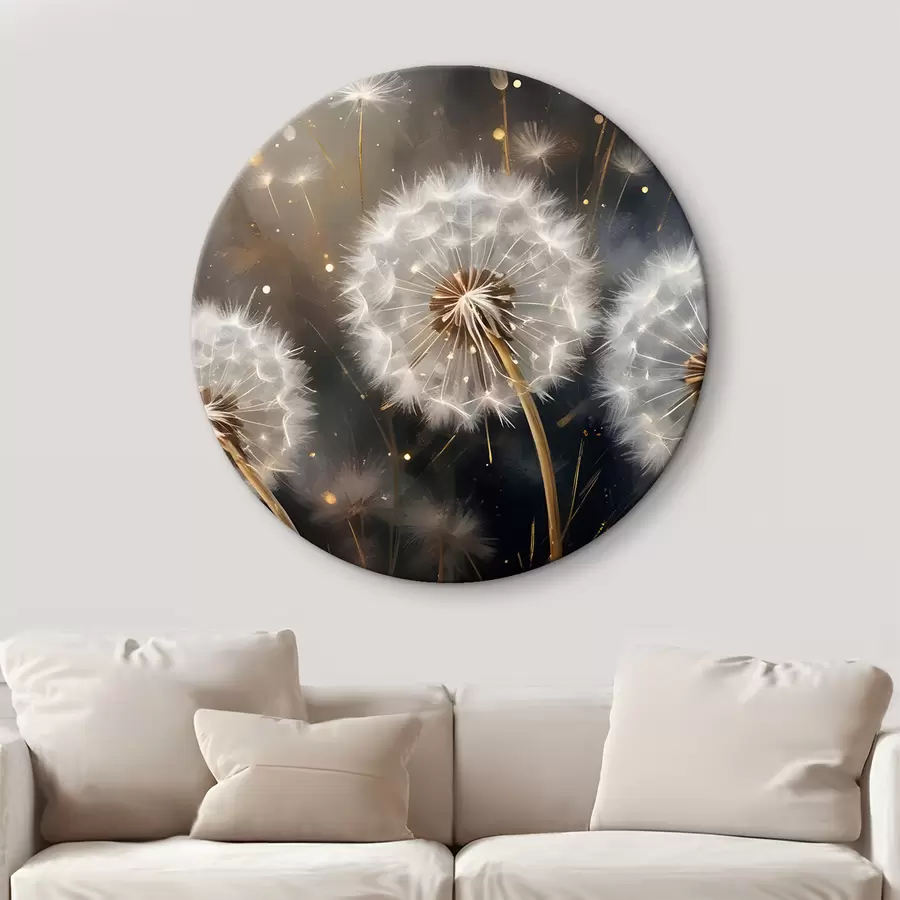 Fototapetes Pūkainie pieneņu ziedi ar pūkainām baltām sēklu galviņām uz tumša fona, radot burvīgu atmosfēru r42235