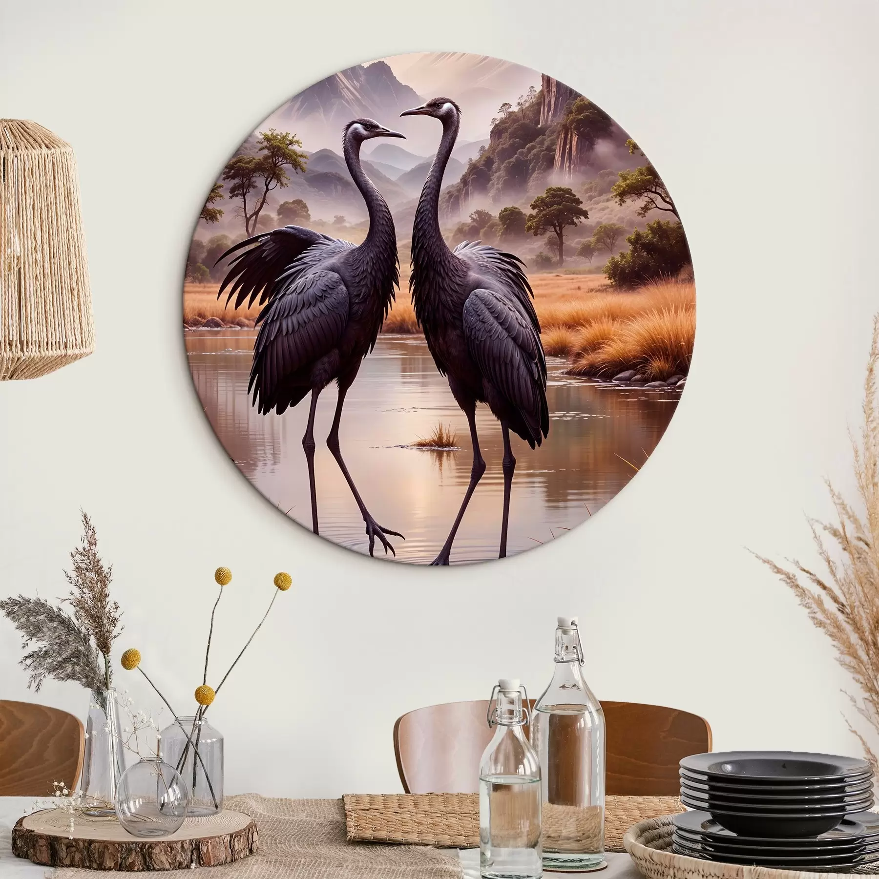 Glezna Divas lielas melnas dzērves, kas stāv seklā dīķī, un fonā ir kalnaina ainava r42240