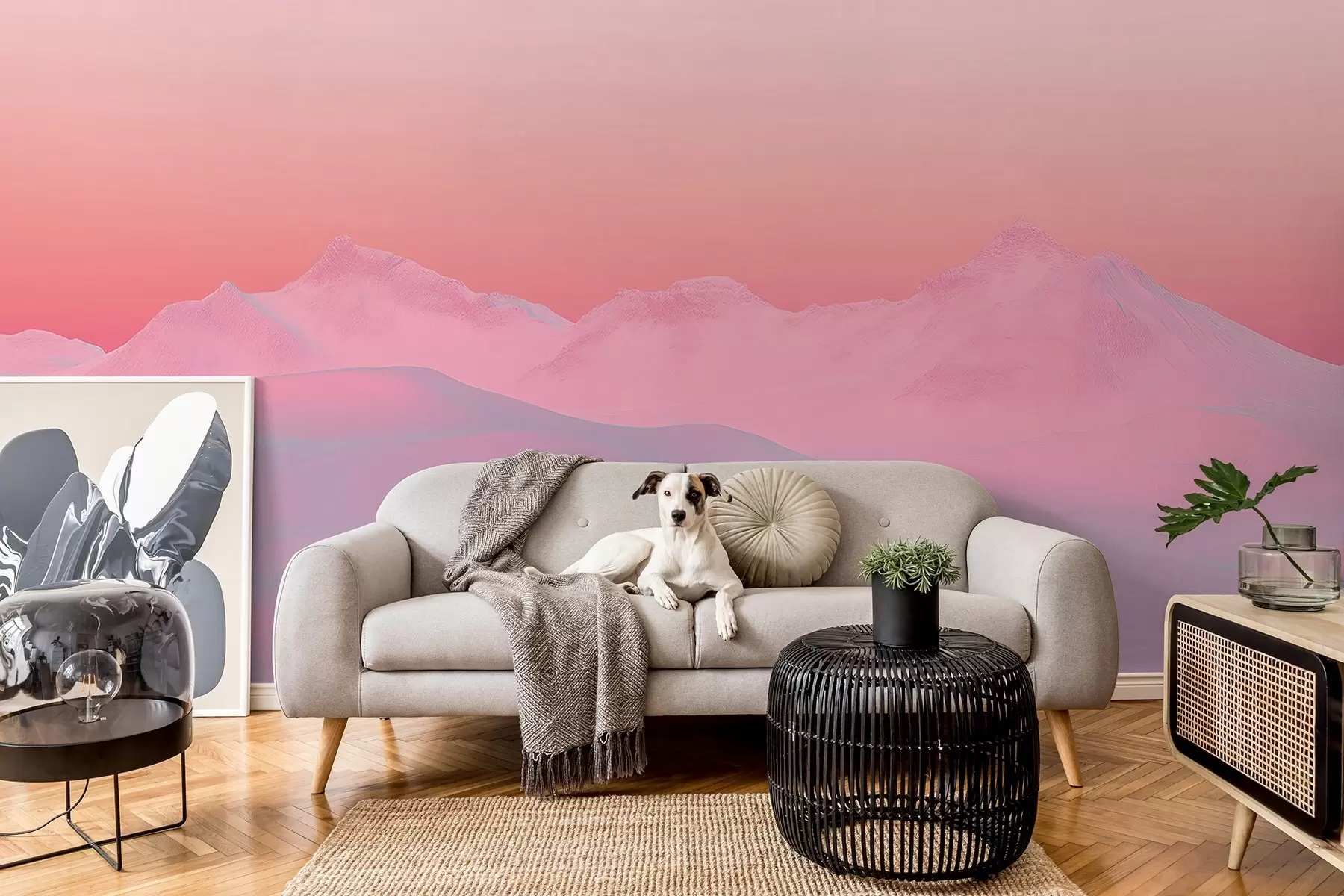 Fototapetes Maigs aveņu saulriets uz kalnu un debesu fona w02234