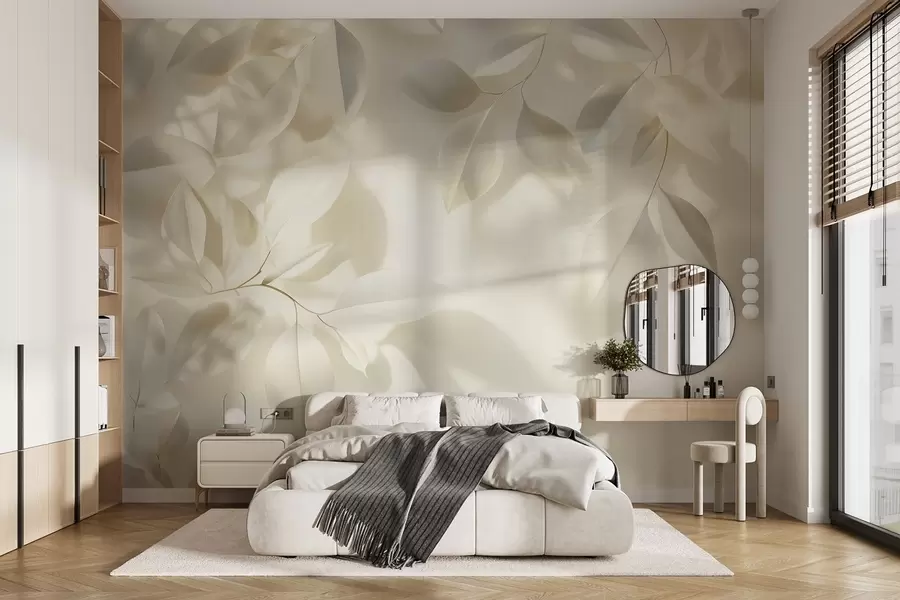 Fototapetes Pie sienas ar saules gaismu piekārti balti zari ar lapām w08552