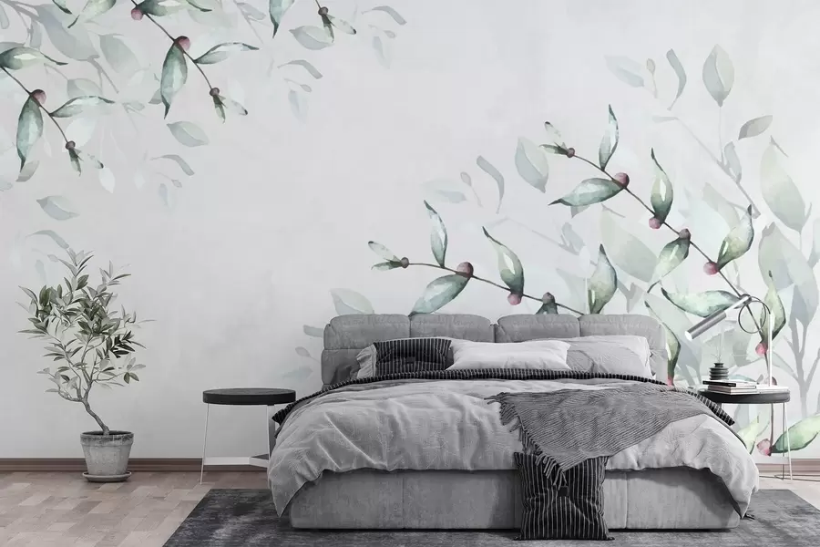 Fototapetes zari ar zaļām lapām uz pelēka fona w02660