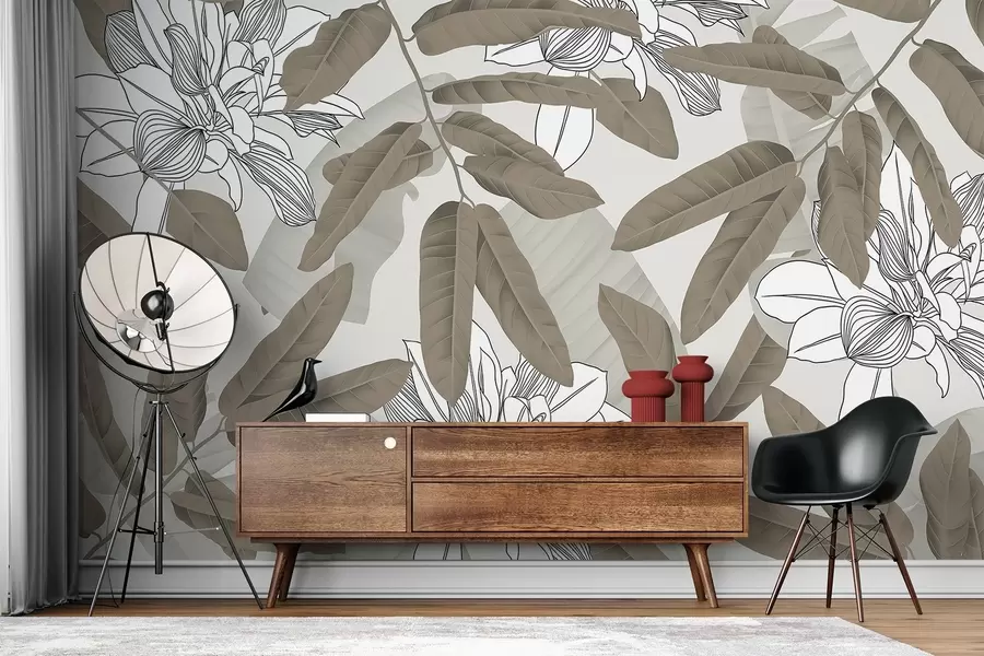 Fototapetes brūnas lapas un balti krāsoti ziedi w02669