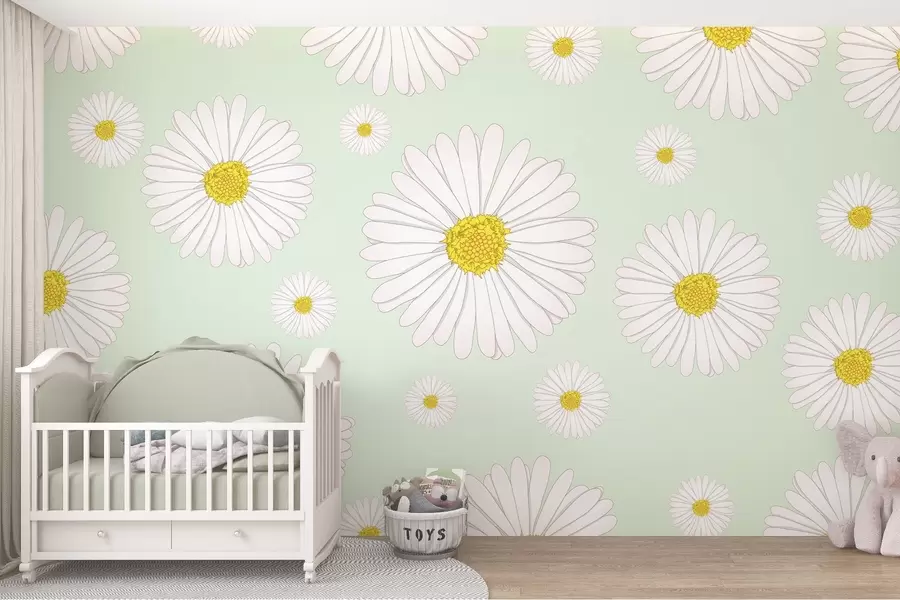 Fototapetes Spilgtas margrietiņas uz zaļa fona w02652v2