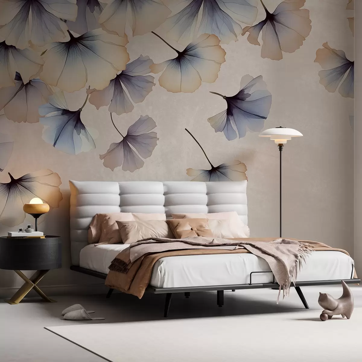 Fototapetes Pasteļkrāsas zilas un smilškrāsas ginkgo lapas ar maigām ziedlapiņām, kas peld gaisā uz faktūras fona w08578