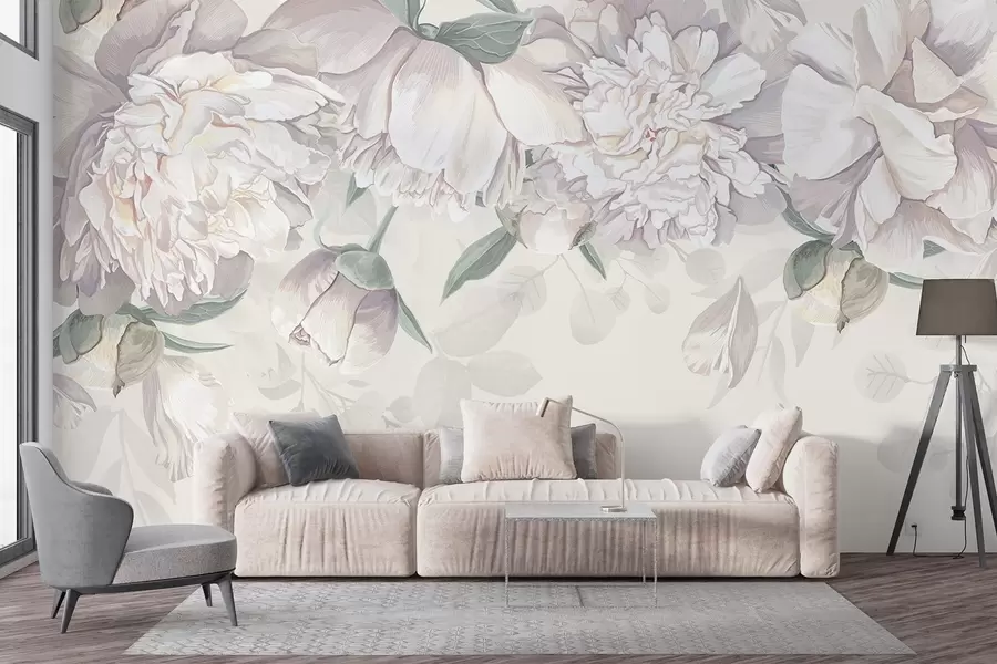 Fototapetes Maigas baltas un rozā pasteļbiksītes ar zaļām lapām, kas izkārtotas maigā, romantiskā ziedu fonā w08577