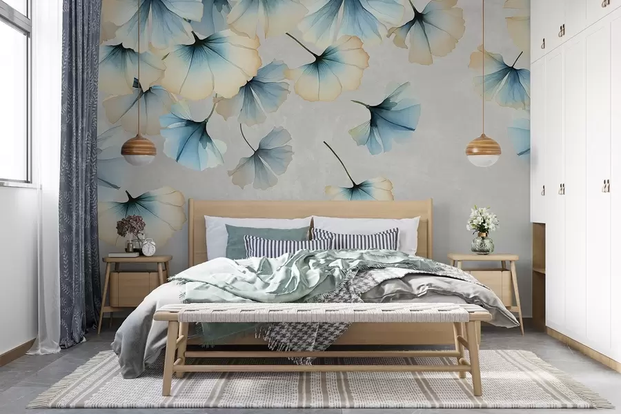 Fototapetes Pasteļkrāsotas zilas un dzeltenas ginkgo lapas ar maigām ziedlapiņām, kas peld gaisā uz faktūriska fona w08578v1