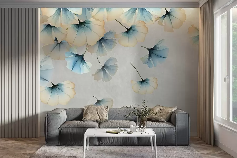 Fototapetes Pasteļkrāsotas zilas un dzeltenas ginkgo lapas ar maigām ziedlapiņām, kas peld gaisā uz faktūriska fona w08578v1