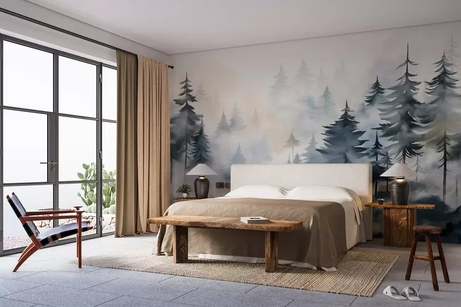 Fototapetes Miglaina meža ainava ar augstām priedēm miglainā fonā akvareļu stilā w08584