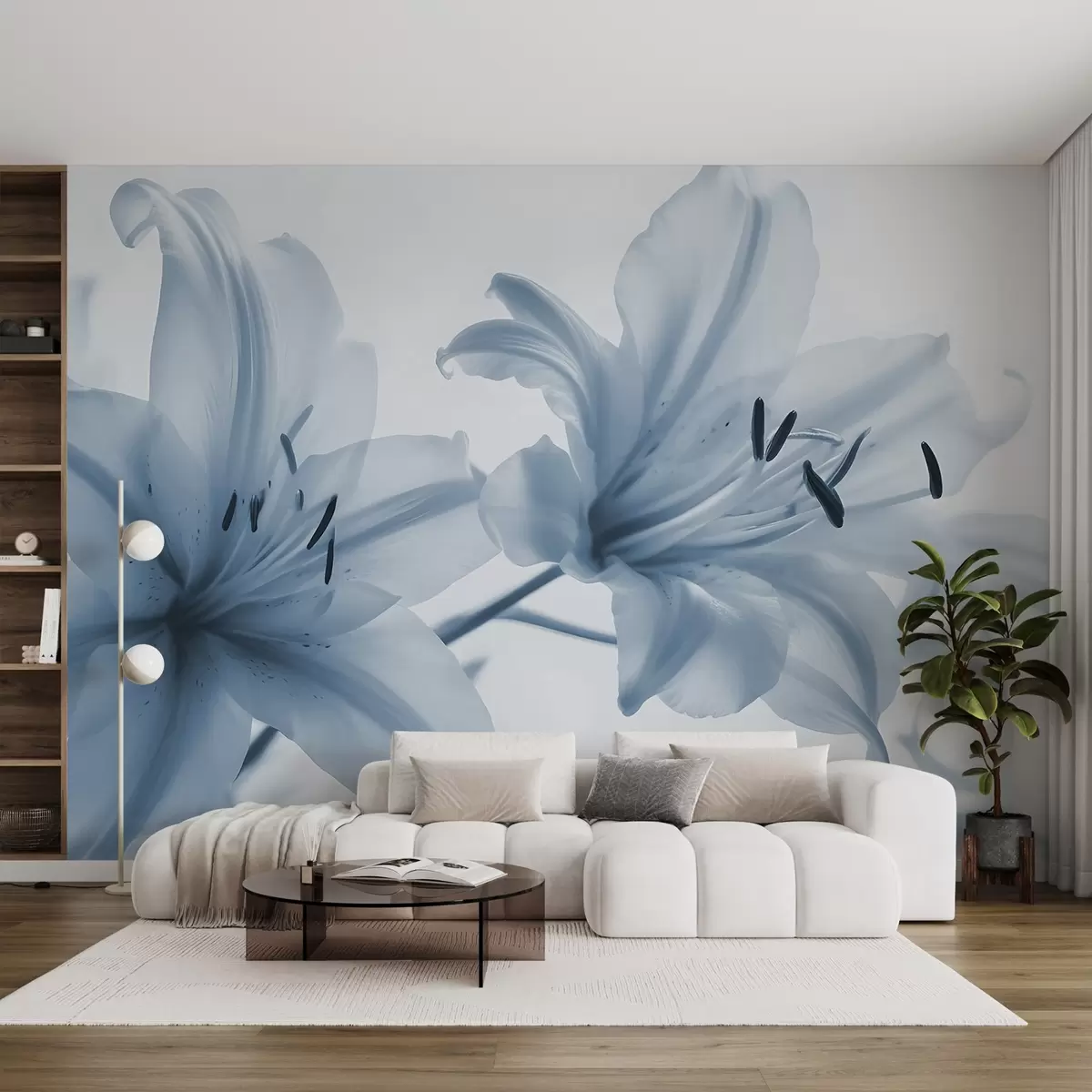 Fototapetes Zilu minimālistisku liliju ziedu mīksts fokuss tuvplānā uz gaiša fona w08586