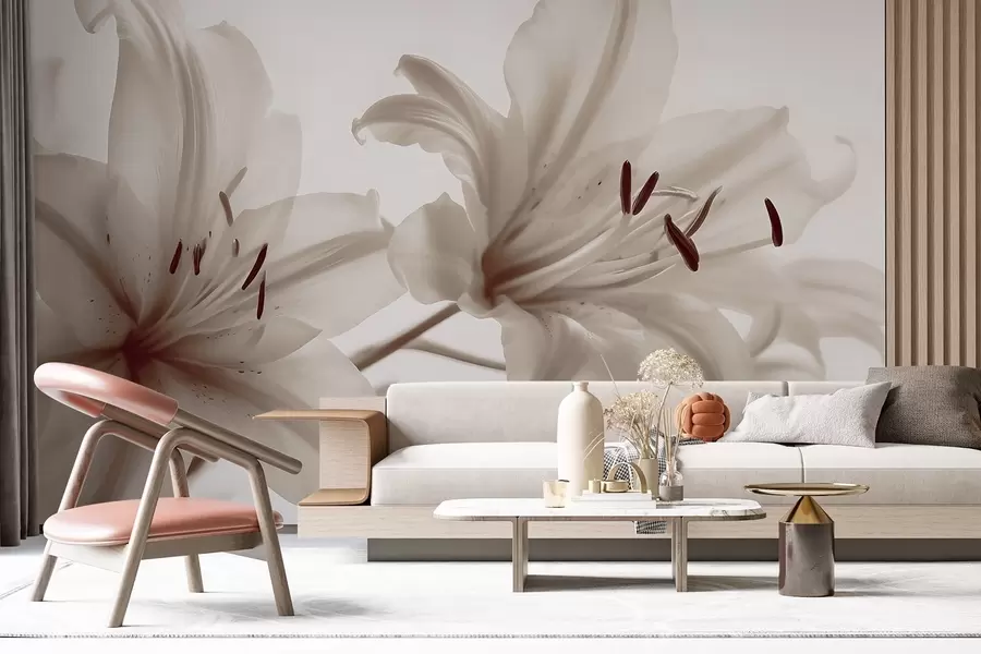 Fototapetes Bēšas krāsas minimālisma liliju ziedu mīksts fokuss tuvplānā uz gaiša fona w08586v1