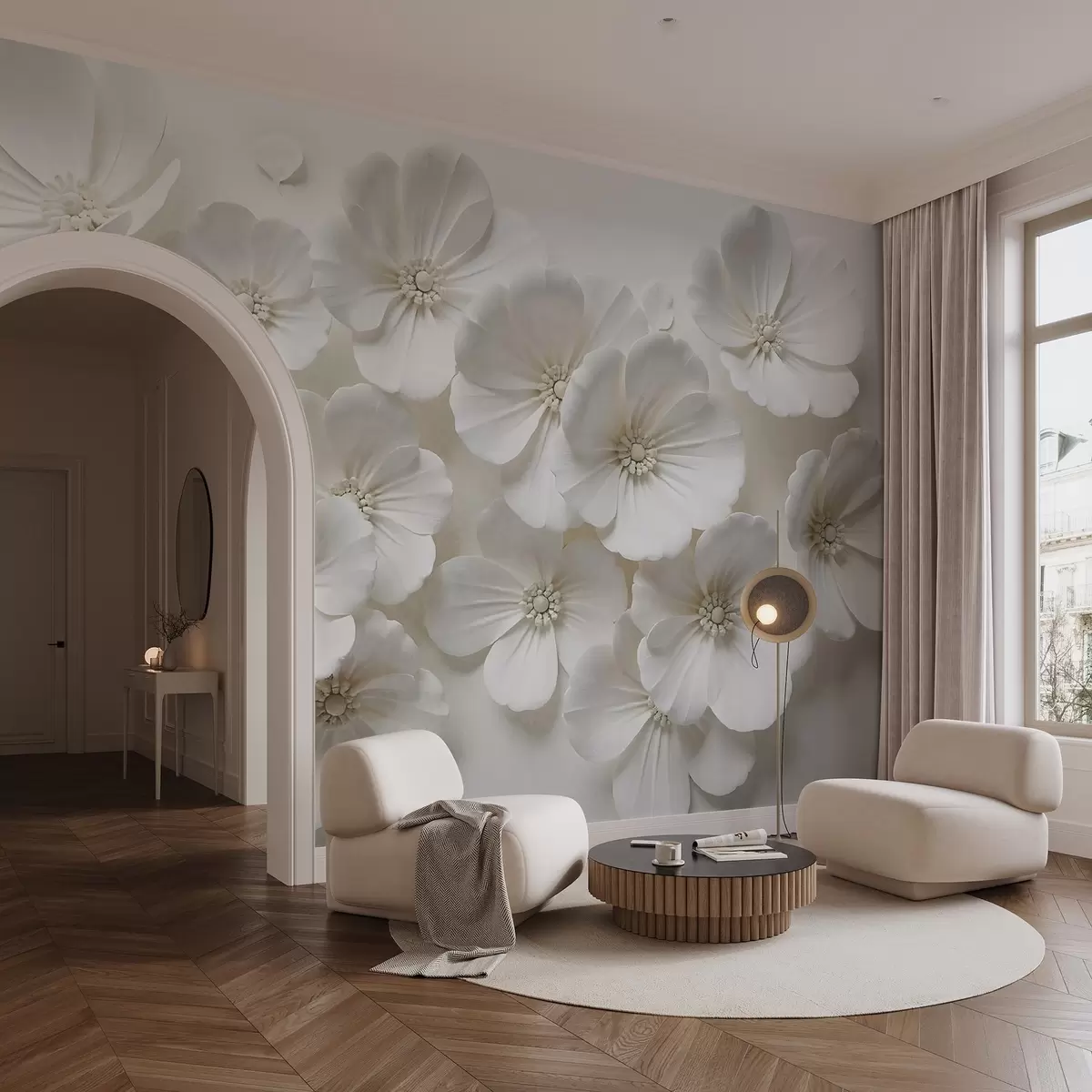 Fototapetes Balti ziedi ar maigiem ziedlapiņām un centriem uz gaiša fona w08587